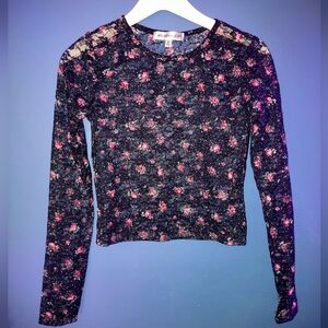 Madden Girl Sheer Lace Floral Long Sleeve Top